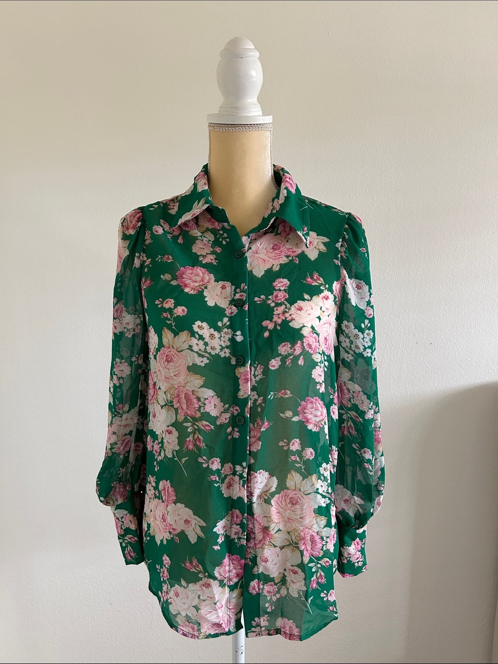SHEIN Green Button-Down Blouse with Pink Floral Print
